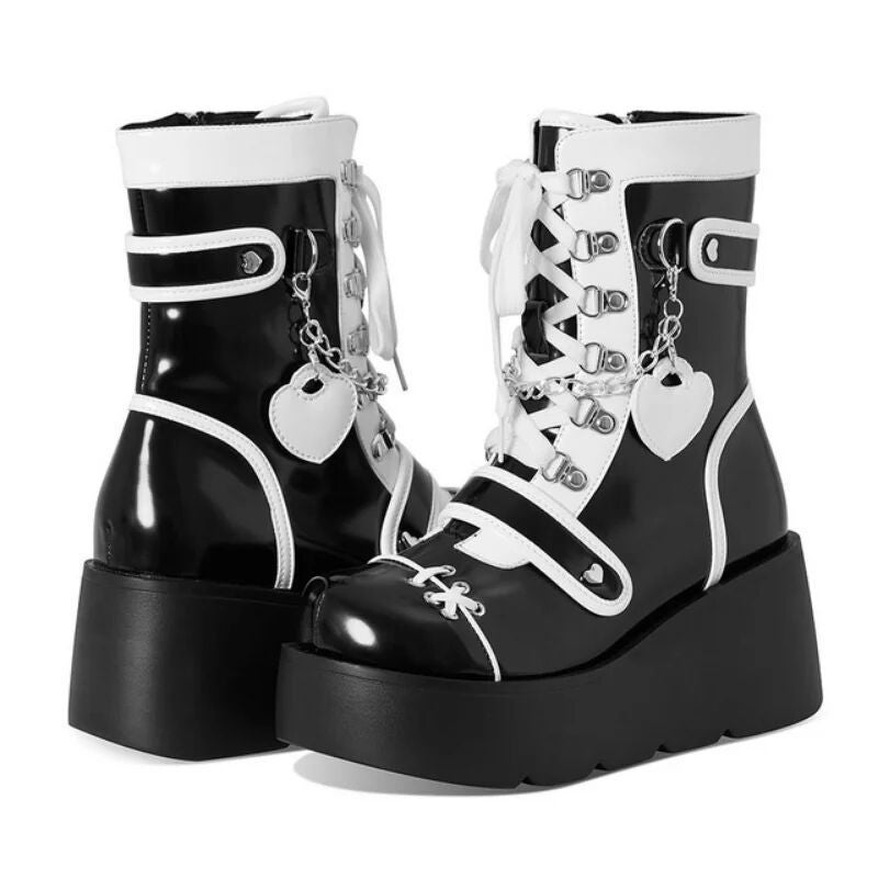 Cute Pink Sweetheart Thick-Soled Short Boots with Heart Charm and Lace-Up Black