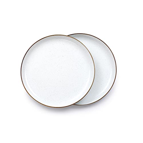 Barebones Enamel Deep Plate Set of 2 Dinner Plates HandFinished Baked Stainless Steel Trim Plate Set Camping Kitchen and Dish Set Eggshell