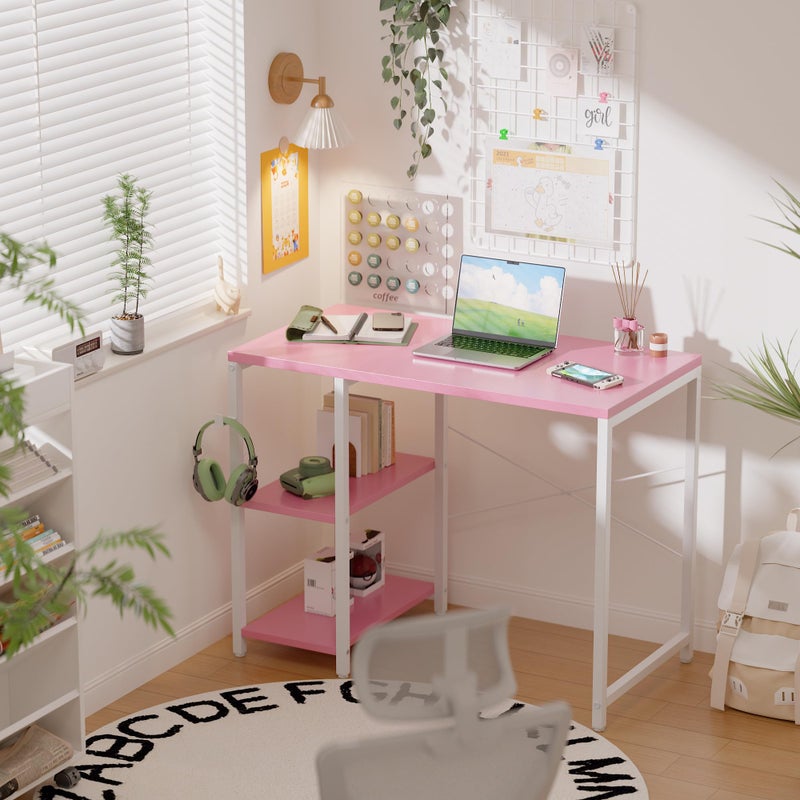 Pamray 32 Inch Small Computer Desk with Shelves, Home Office Desk with Headphone Hook for Bedroom, Study Writing PC Table for Small Spaces, Pink - Image 2