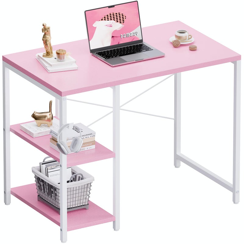 Pamray 32 Inch Small Computer Desk with Shelves, Home Office Desk with Headphone Hook for Bedroom, Study Writing PC Table for Small Spaces, Pink - Image 1