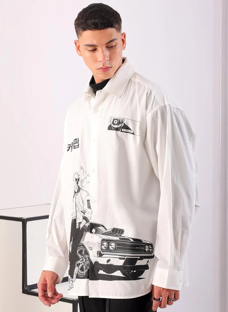 The Indian Garage Co Men Oversized Graphic Print Full Sleeves Cutaway Collar Street Wear Shirt