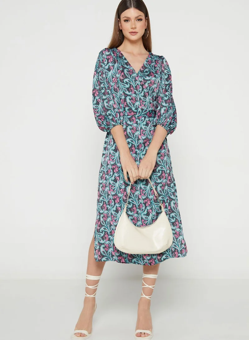 Wallis Petite Puff Sleeve Tiered Printed Dress