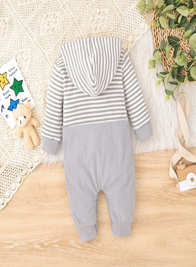 FOCICI Baby Boy Girl Clothes Long Sleeve Outfits Fall/Winter Ribbed Hoodie Baby Romper Grey 0-3 Months - Image 3