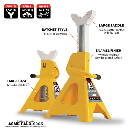 Performance Tool W41022 Ratchet Style Jack Stand Set for Lifting Vehicles During Maintenance, Yellow, 3-Ton - Image 2