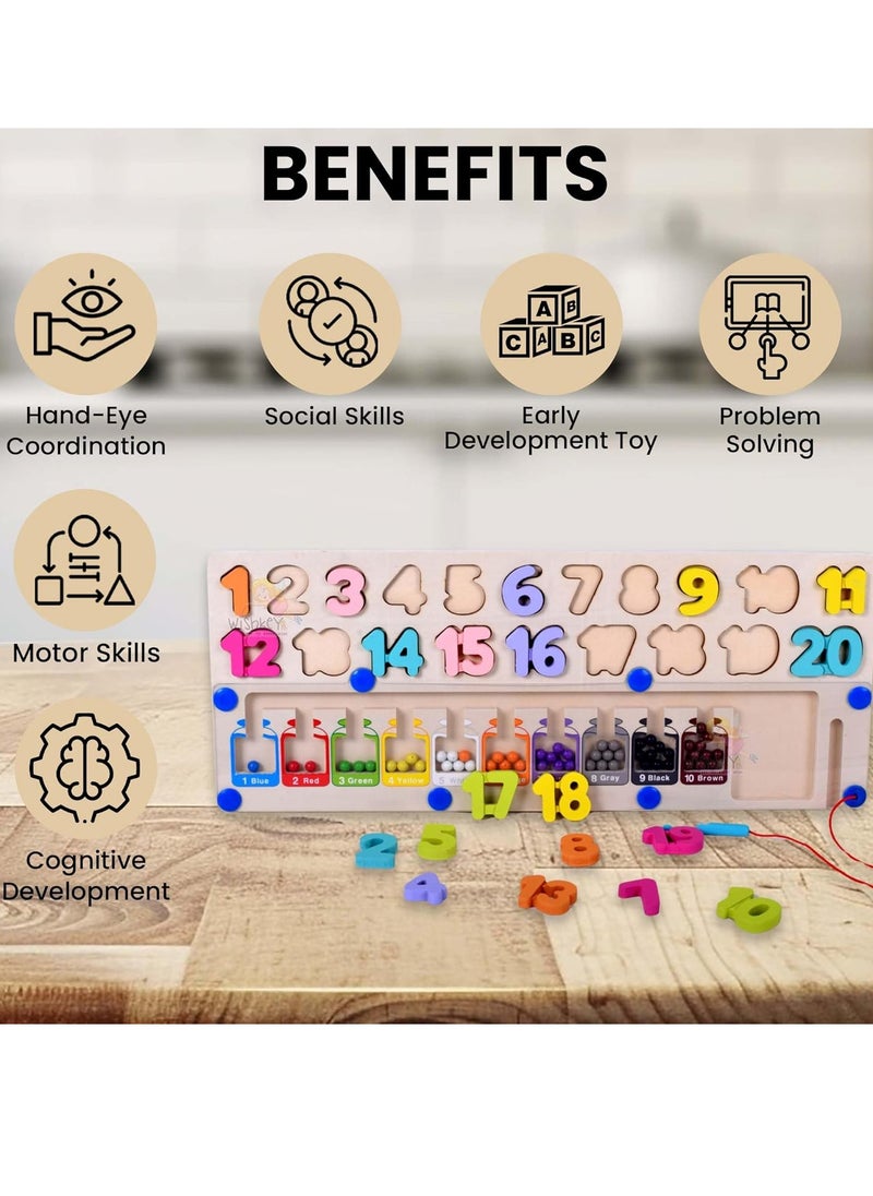 MUMS PLANET - Wooden 2-in-1 Magnetic Color and Number Maze, 1-20 Numbers, Color Matching Beads Sorting Game, Early Educational Toy, Learning Montessori Games for Kids, Multicolor, 3+ Years - Image 1