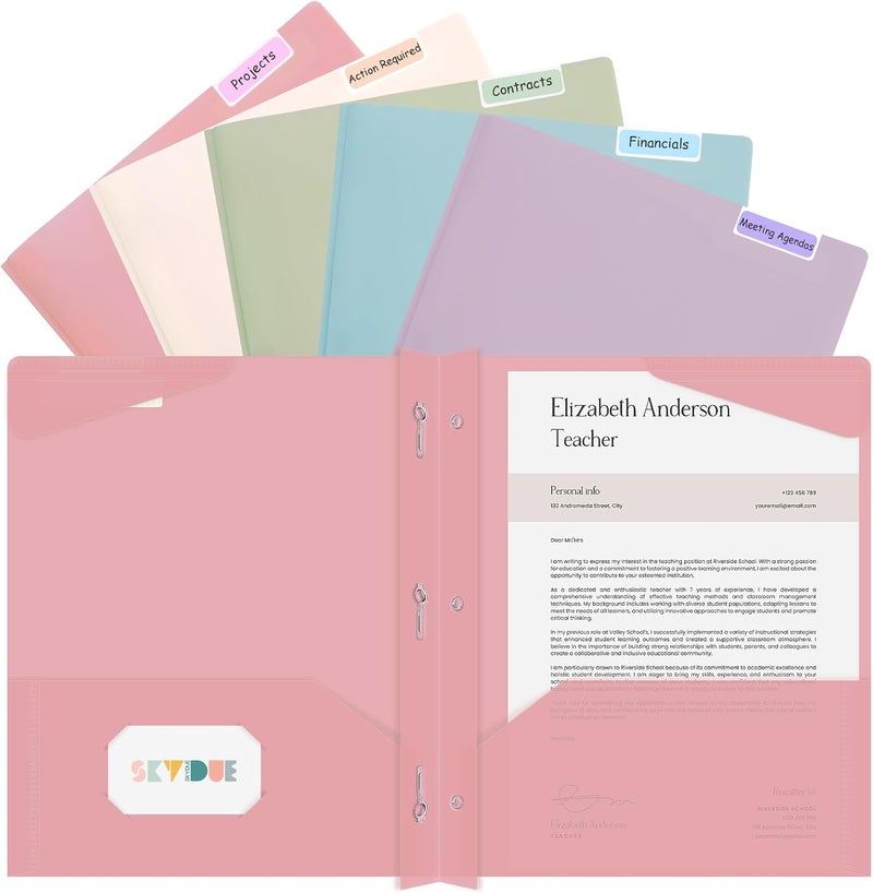 Skydue Plastic Pocket Folders with Prongs, 5 Pack – Durable PP Poly Folders, 2 Pockets, 3 Prong Fasteners, Letter Size 9.7" x 11.5", Muted - Image 1