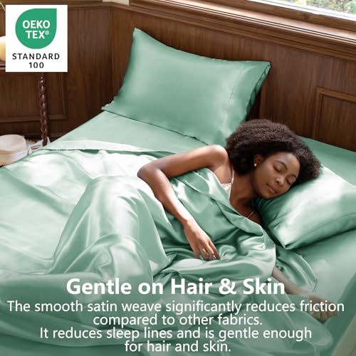 CozyLux Satin Sheets King Size Sheet Set Silky Soft Bedding Similar to Silk 4 Piece Sheets for Hair and Skin Deep Pocket with AllAround Elastic Home Decor for Bedroom Aqua - Image 3