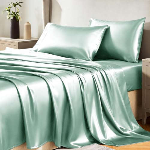 CozyLux Satin Sheets King Size Sheet Set Silky Soft Bedding Similar to Silk 4 Piece Sheets for Hair and Skin Deep Pocket with AllAround Elastic Home Decor for Bedroom Aqua - Image 1