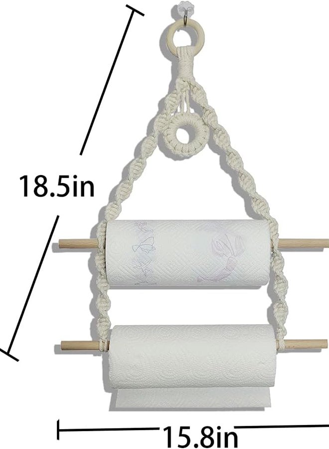 Antikiano 2 Roles Macrame Paper Towel Holder Wall Mount for Kitchen Bathroom (White) - Image 3