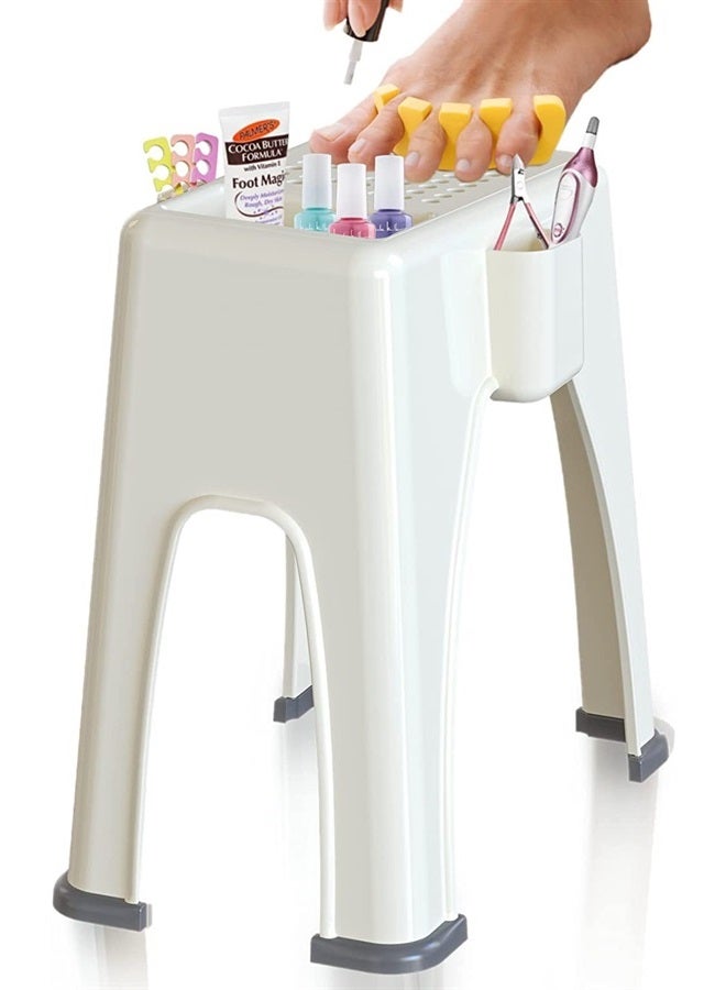 Skywin Shower Shaving Foot Rest - Plastic Shower Stool for Shaving Legs, 3 Pockets Hold Shaving Essentials, 9.27 x 7 x 10 inches (Beige) - Image 1