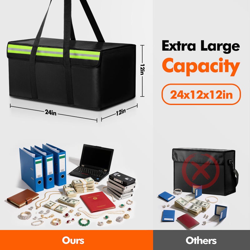 Amerbro Large Fireproof Document Bags 24x12x12in, Fireproof Document Box for Cash, Photo Albums, Valuables, Extra Large Fireproof Bag Waterproof Document Storage with Reflective Strip, Black - Image 2