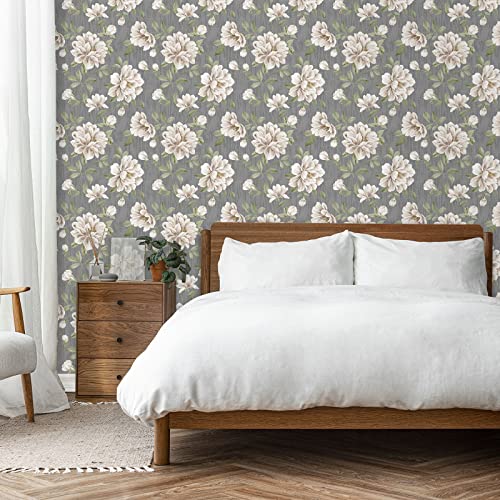 VaryStyle 17.7"x118" Vintage Peony Floral Peel and Stick Wallpaper Grey/White Floral Wallpaper for Bedroom Bathroom Self Adhesive Removable Elegant Flower Contact Paper for Cabinets Walls Shelf Liner - Image 2