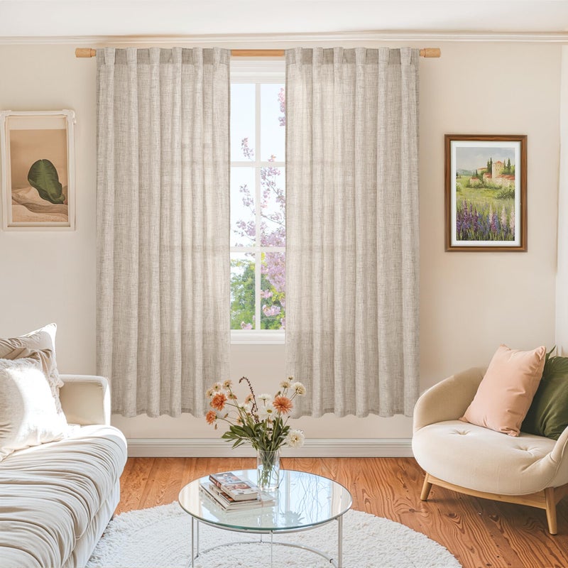 BGment Flax Linen Curtains 63 Inch Length for Living Room, Beige Light Filtering Burlap Drapes for Bedroom Semi Sheer with Back Tab Rod Pocket Farmhouse, 2 Panels, 52 X 63 Inch - Image 2