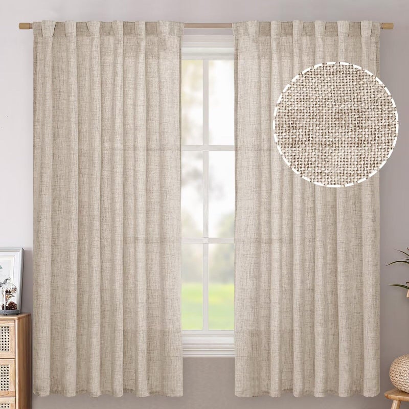 BGment Flax Linen Curtains 63 Inch Length for Living Room, Beige Light Filtering Burlap Drapes for Bedroom Semi Sheer with Back Tab Rod Pocket Farmhouse, 2 Panels, 52 X 63 Inch - Image 1