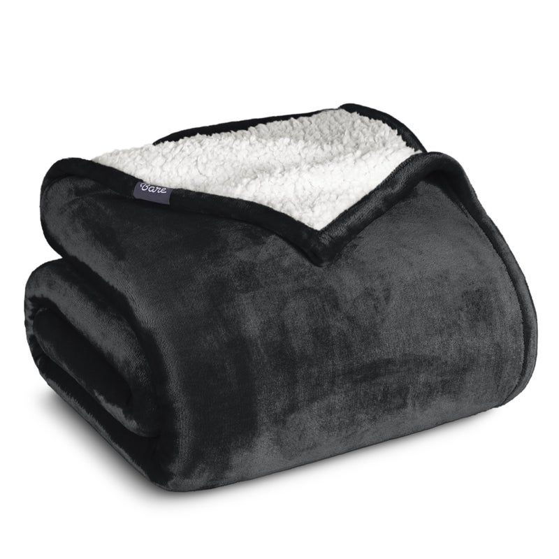 Bare Home Sherpa Fleece Blanket  King Size  Blanket for Bed Sofa and Couch  Warm  Lightweight  Fluffy  Soft  Reversible King Black
