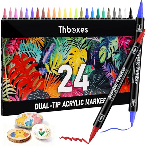Thboxes 24 Colors Acrylic Paint Markers Waterproof Dual Tip Paint Pens for Rock Painting Fabric Wood Glass Canvas Valentines Day Gifts Art Supplies - Image 1