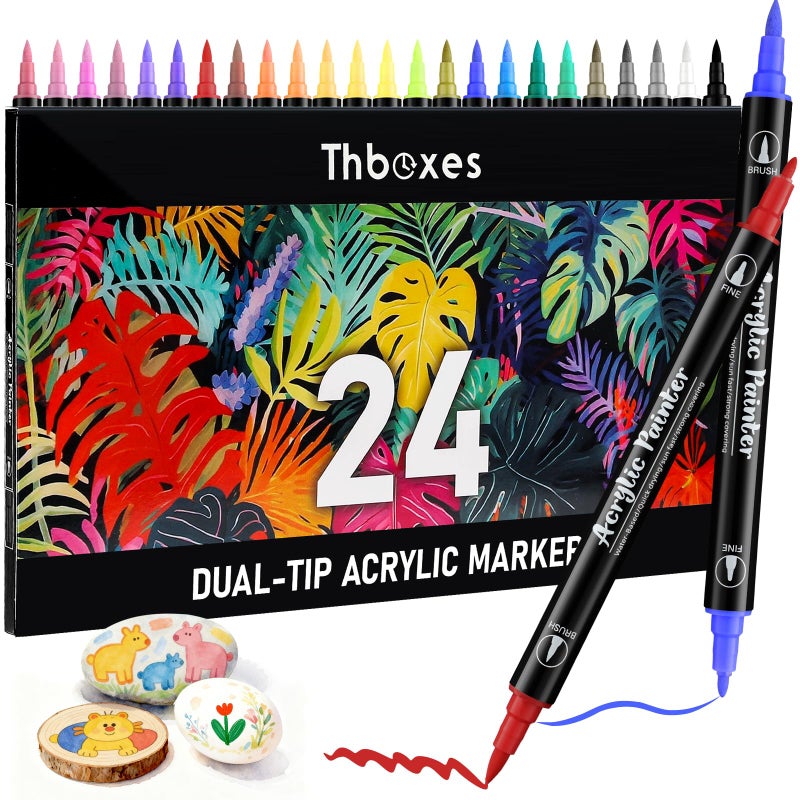 Thboxes 24 Colors Acrylic Paint Markers Waterproof Dual Tip Paint Pens for Rock Painting Fabric Wood Glass Canvas Valentines Day Gifts Art Supplies - Image 3