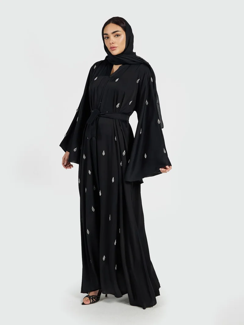 Reem Abayas Bell Sleeve Embroidered Abaya with Matching Waist Belt