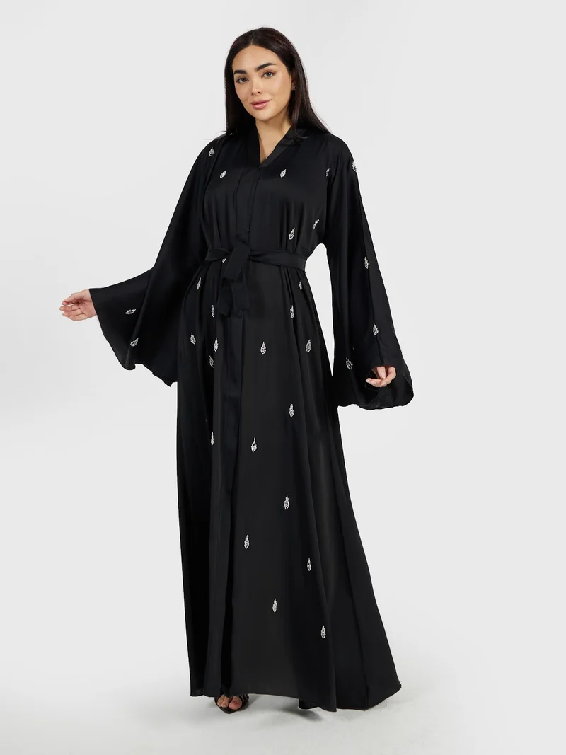 Reem Abayas Bell Sleeve Embroidered Abaya with Matching Waist Belt