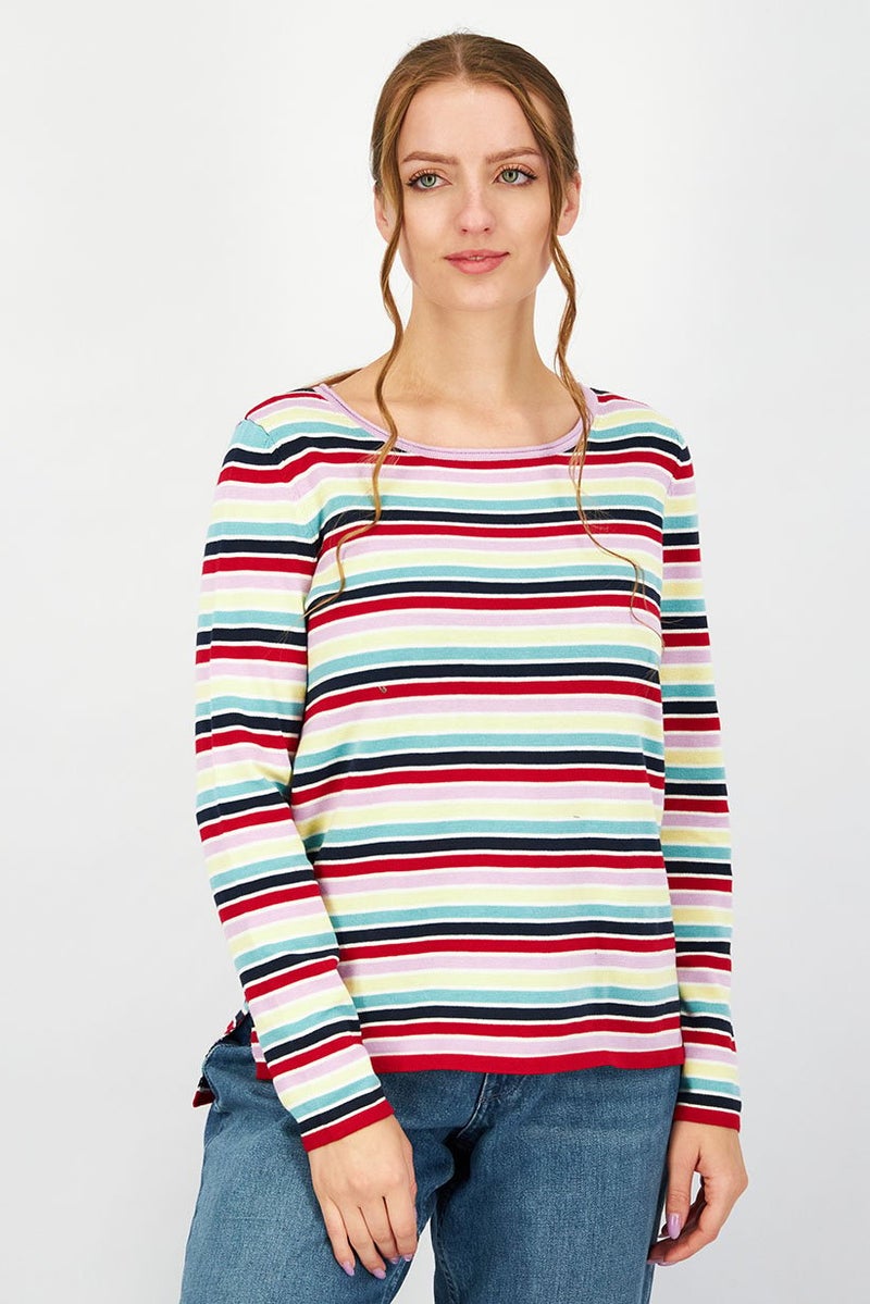 ESPRIT Women Round Neck Long Sleeves Stripe Knit Sweater, Red Combo - Image 1