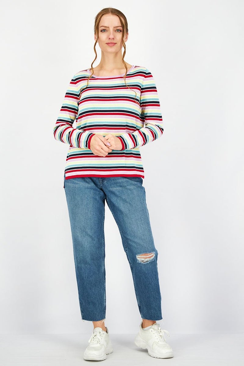 ESPRIT Women Round Neck Long Sleeves Stripe Knit Sweater, Red Combo - Image 4