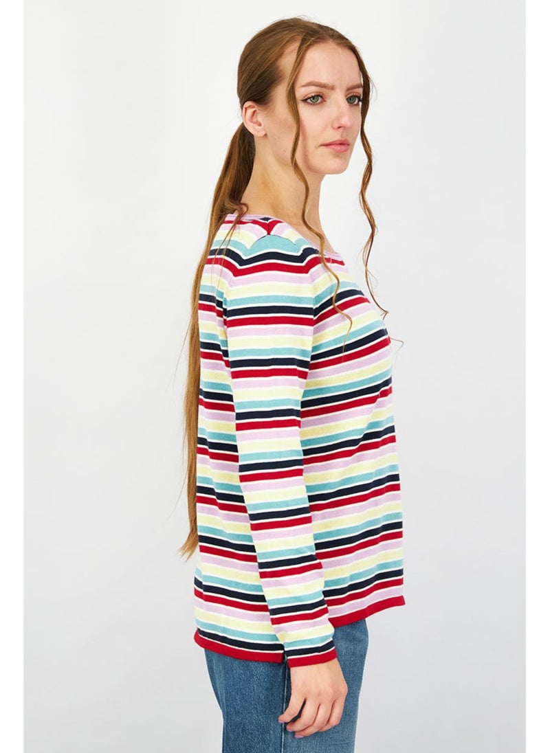 ESPRIT Women Round Neck Long Sleeves Stripe Knit Sweater, Red Combo - Image 5