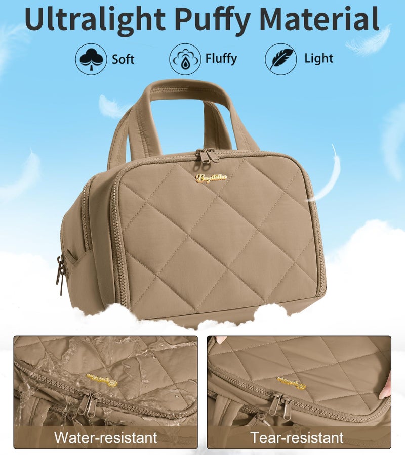 Bagstellar Travel Toiletry Bag, Large Wide-open Puffy Toiletry Bag for Women, Lightweight Quilted Makeup Bag Cosmetic Organizer with Handle Water-resistant Travel Essentials for Toiletries Accessories Khaki - Image 4