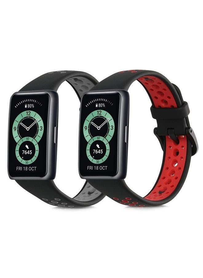 kwmobile - Straps Compatible with Huawei Band 6 Straps - 2x Replacement Silicone Watch Bands - Black/Red/Black/Grey - Image 1