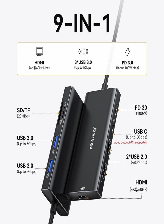 محول متعدد المنافذ لأجهزة MacBook Pro/Air، 9 في 1، ملحقات ماك، محول دونجل USB-C مع منفذ HDMI، قارئ بطاقات SD/TF، منفذ USB-C، منفذ PD، و4 منافذ USB لأجهزة MacBook Pro/Air، Dell XPS، Lenovo HP المحمولة - Image 2