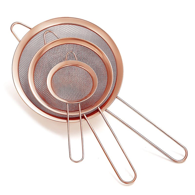 HOMQUEN Copper Fine Mesh Strainer 3 Pieces Set Rose Gold Flour Sifter For Baking Stainless Steel Clander Copper Matcha Tea Strainer Gravy Separator Stasher Sieve Pasta Strainers 