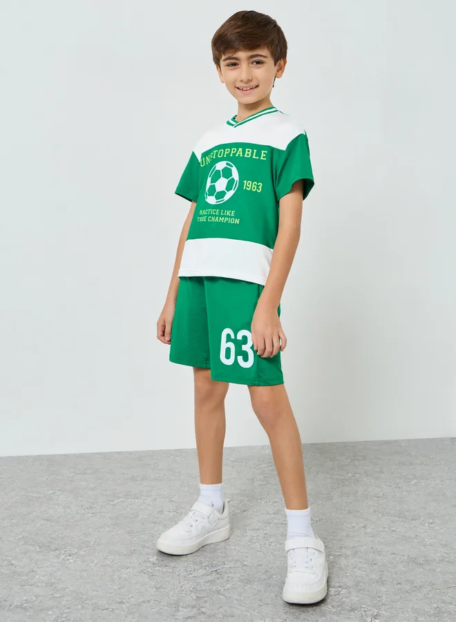 Styli Boys Green Football Graphic T-Shirt and Shorts Set