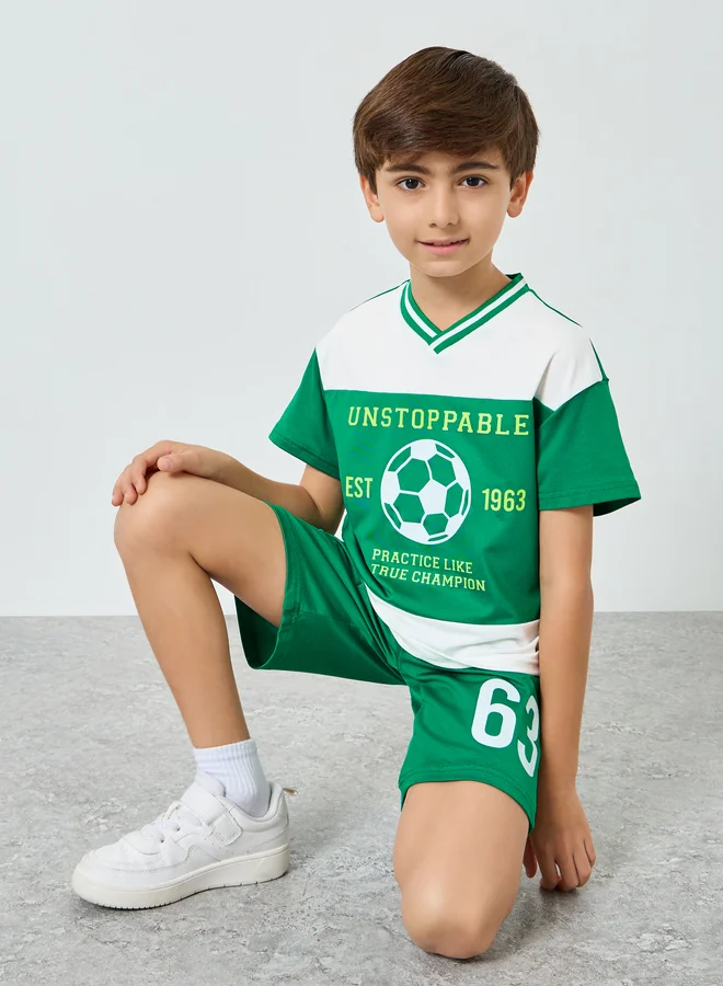 Styli Boys Green Football Graphic T-Shirt and Shorts Set