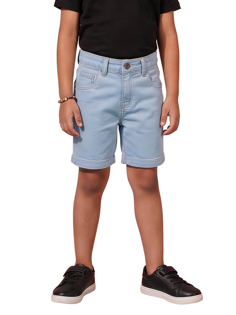 KiddoPanti Boys Knee-Length Denim Shorts | Stretchable Cotton Poly Denim | Comfortable Fit with Button Elasticated Waistband & Zip Fly, Lt Wash Blue - 3-4Y - Image 1