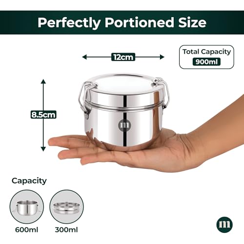 MARU Steel Tiffin Box for School/Office 900ml, Airtight Lunch Containers with Compartments & Small Partiton Plate, Easy to Carry & Clean, Perfect for Men, Women & Kids for Daily Use & Multipurpose - Image 2