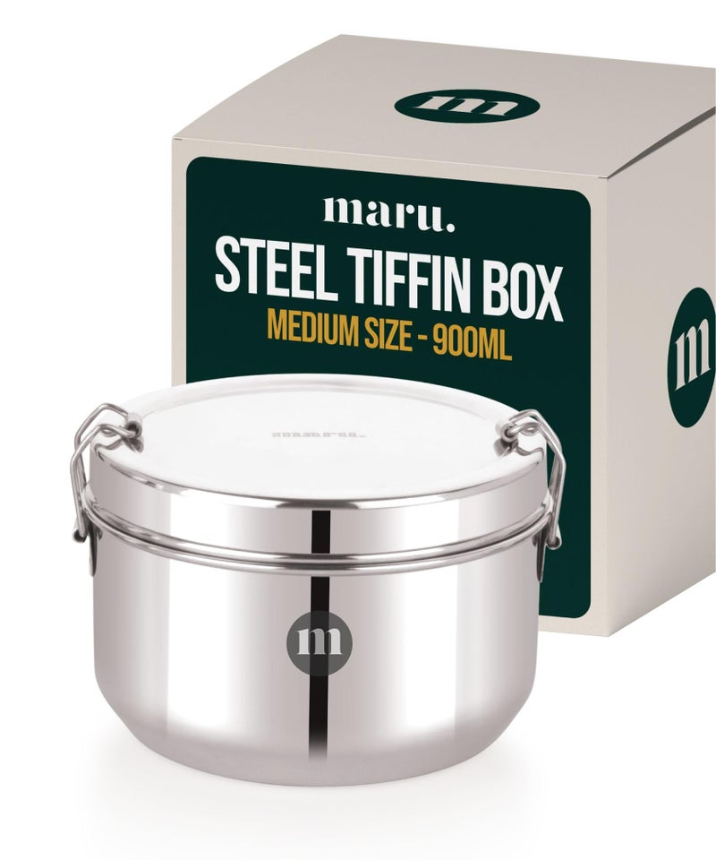 MARU Steel Tiffin Box for School/Office 900ml, Airtight Lunch Containers with Compartments & Small Partiton Plate, Easy to Carry & Clean, Perfect for Men, Women & Kids for Daily Use & Multipurpose - Image 1