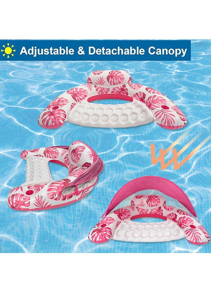 VUCATIN Inflatable Pool Float with Canopy Raft Floaties Water Floating Chair Pool Chair Lounge Float with Adjustable Sun Shade Cover 2 Cup Holder Ergonomic Headrest Inflatable Pool Float for Adults (Pink) - Image 2