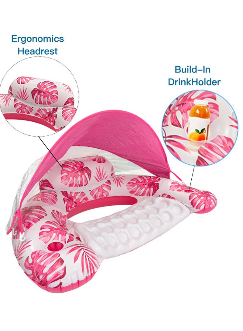 VUCATIN Inflatable Pool Float with Canopy Raft Floaties Water Floating Chair Pool Chair Lounge Float with Adjustable Sun Shade Cover 2 Cup Holder Ergonomic Headrest Inflatable Pool Float for Adults (Pink) - Image 3