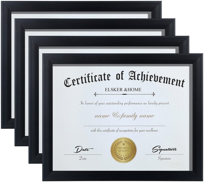 ELSKERHOME 85X11 PICTURE FRAME BLACK STURDY WOOD COMPOSITE CERTIFICATE FRAME SEMITEMPERED GLASS INCLUDES HANGING HARDWARE AND DESKTOP EASEL FOR DOCUMENTDIPLOMA FRAME 4 PACK
