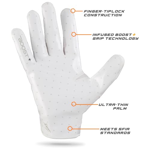 Grip Boost Football Gloves - Solid Stealth 6.0 Boost Plus Sticky Technology - Adult and Youth Football Gloves for Wide Receiver - Men's and Boys Sizes (Solid White, Large) - Image 3