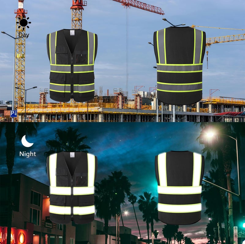 HATAUNKI High Visibility Reflection Black Mesh Safety Vests with 8 Pockets and Front Zipper, hi vis safety vest for Men and Women, Meets ANSI/ISEA Standards(Black-07,Large) - Image 5