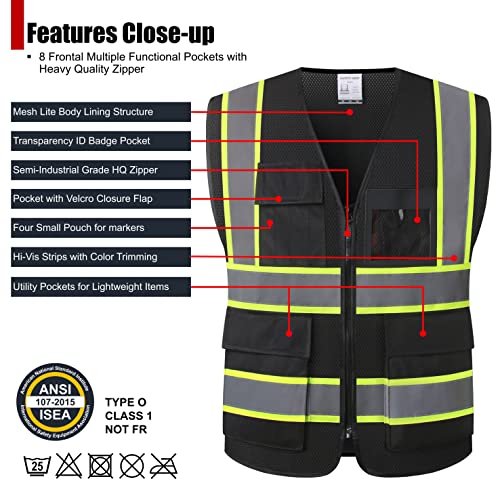 HATAUNKI High Visibility Reflection Black Mesh Safety Vests with 8 Pockets and Front Zipper, hi vis safety vest for Men and Women, Meets ANSI/ISEA Standards(Black-07,Large) - Image 2
