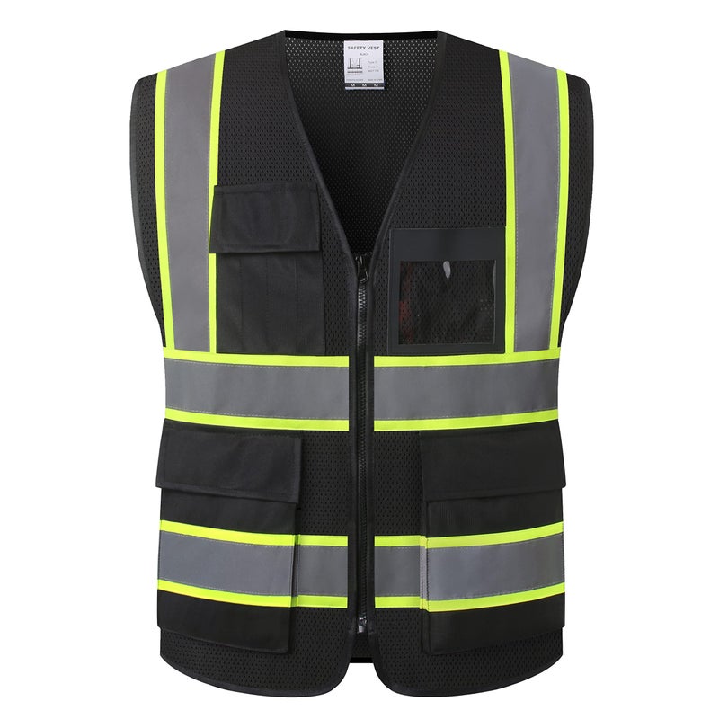 HATAUNKI High Visibility Reflection Black Mesh Safety Vests with 8 Pockets and Front Zipper, hi vis safety vest for Men and Women, Meets ANSI/ISEA Standards(Black-07,Large) - Image 3