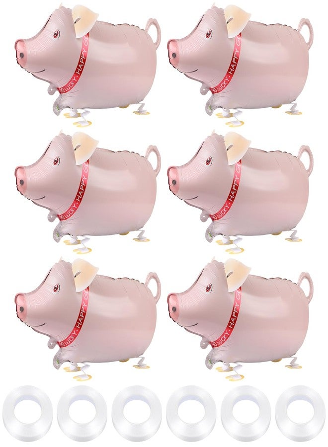 EVERMARKET 6 Pcs Walking Farm Animals Balloons,Mylar Walking Pig Balloons with Ribbons for Theme Farm Animals Birthday Halloween Party Decorations (Pig) - Image 1