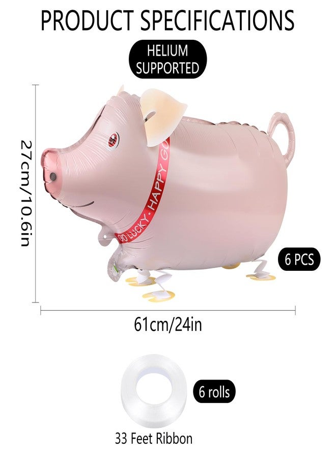 EVERMARKET 6 Pcs Walking Farm Animals Balloons,Mylar Walking Pig Balloons with Ribbons for Theme Farm Animals Birthday Halloween Party Decorations (Pig) - Image 2