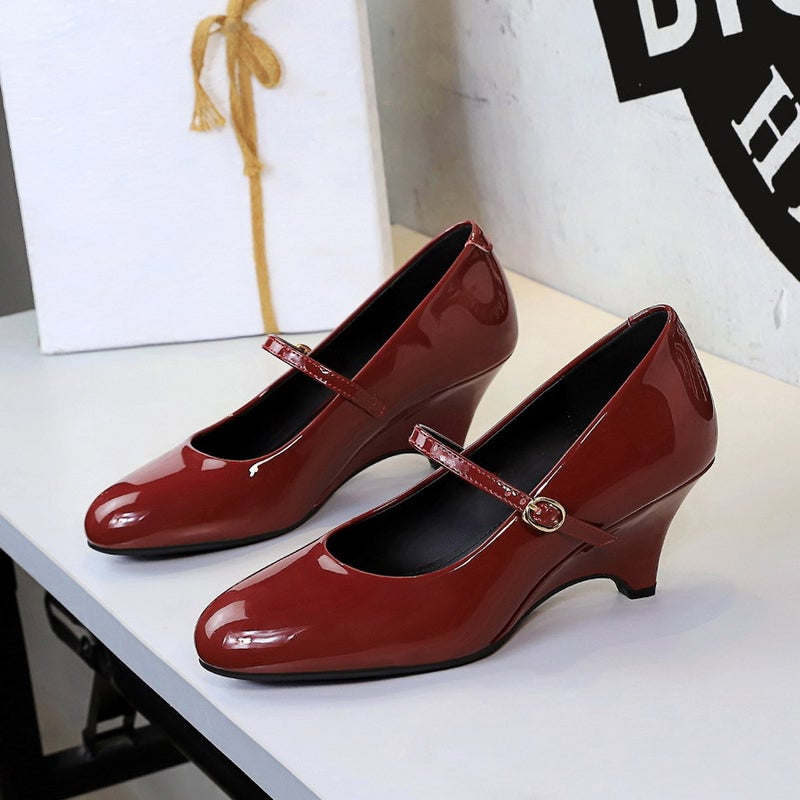 8868-2 Vintage Style Gentle One-Strap Mary Jane Women'S Shoes With Wedge Heel, Height-Increasing Patent Leather Shallow Round-Toe High-Heel Pumps - Image 3