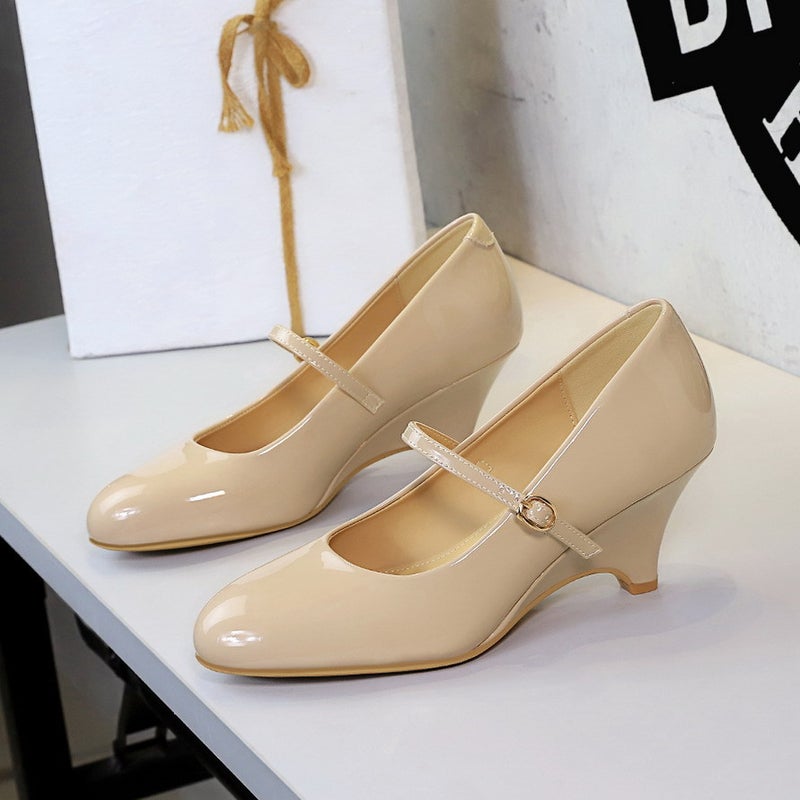 8868-2 Vintage Style Gentle One-Strap Mary Jane Women'S Shoes With Wedge Heel, Height-Increasing Patent Leather Shallow Round-Toe High-Heel Pumps - Image 2