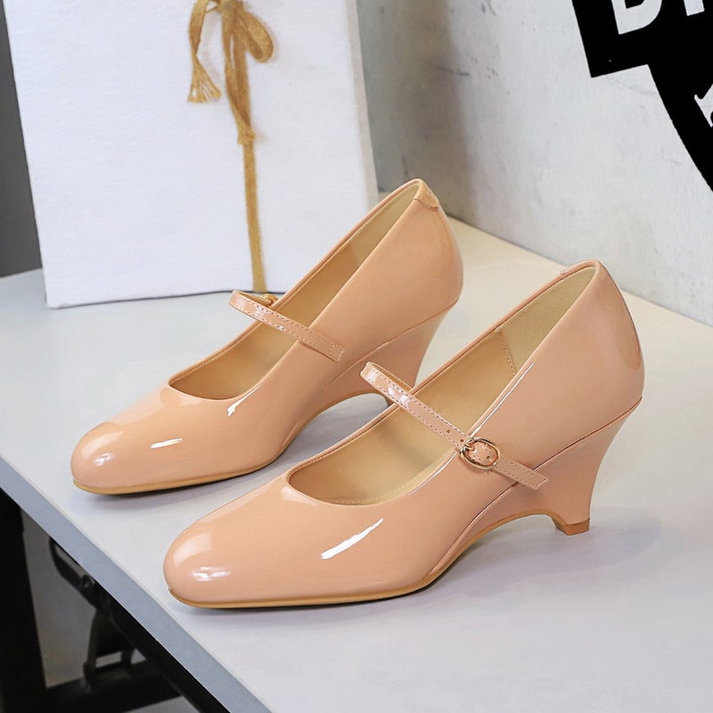 8868-2 Vintage Style Gentle One-Strap Mary Jane Women'S Shoes With Wedge Heel, Height-Increasing Patent Leather Shallow Round-Toe High-Heel Pumps - Image 4