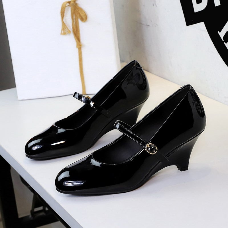 8868-2 Vintage Style Gentle One-Strap Mary Jane Women'S Shoes With Wedge Heel, Height-Increasing Patent Leather Shallow Round-Toe High-Heel Pumps - Image 5