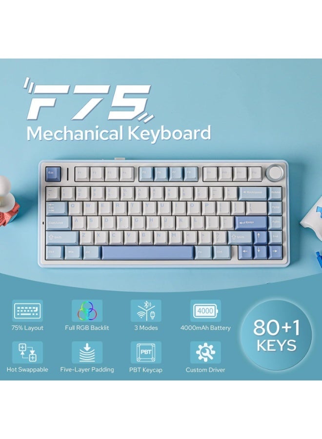 ابوماكر لوحة مفاتيح  F75 الميكانيكية، لوحة مفاتيح ألعاب لاسلكية قابلة للتبديل السريع بنسبة 75% مع حشوة ومقبض من خمس طبقات، بلوتوث/2.4 جيجاهرتز/USB-C، إضاءة RGB (أخضر، مفتاح ) - Image 4