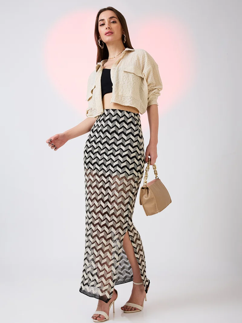 globus Globus Women Chevron Pattern Crochet Mid Rise Side Slit Pencil Maxi Skirt